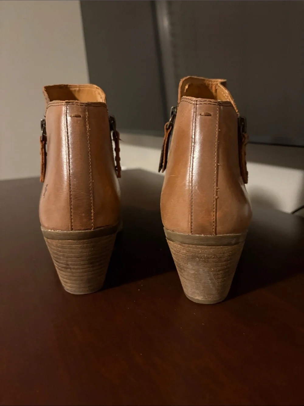 Frye Tan Leather Ankle Booties with Stacked Heel and Side Zip